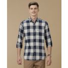 Men's Blended Linen Navy Blue Checked Contemporary Fit Full Sleeve Casual Shirt