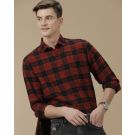 Men's Blended Linen Red Checked Contemporary Fit Full Sleeve Casual Shirt