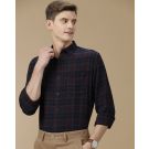 Men's Blended Linen Blue Checked Contemporary Fit Full Sleeve Casual Shirt