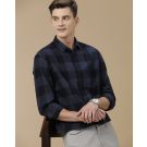 Men's Blended Linen Navy Blue Checked Contemporary Fit Full Sleeve Casual Shirt