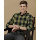 Men's Blended Linen Green Checked Contemporary Fit Full Sleeve Casual Shirt