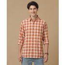 Men's Blended Linen Orange Checked Contemporary Fit Full Sleeve Casual Shirt