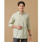 Men's Blended Linen Green Checked Contemporary Fit Full Sleeve Casual Shirt