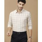 Men's Blended Linen Beige Checked Contemporary Fit Full Sleeve Casual Shirt