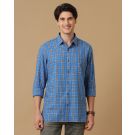 Men's Blended Linen Blue Checked Contemporary Fit Full Sleeve Casual Shirt