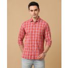 Men's Blended Linen Orange Checked Contemporary Fit Full Sleeve Casual Shirt