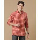 Men's Blended Linen Orange Checked Contemporary Fit Full Sleeve Casual Shirt