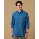 Men's Blended Linen Blue Checked Contemporary Fit Full Sleeve Casual Shirt