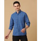 Men's Blended Linen Blue Checked Contemporary Fit Full Sleeve Casual Shirt