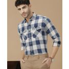 Men's Blended Linen Blue Checked Contemporary Fit Full Sleeve Casual Shirt