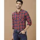 Men's Blended Linen Red Checked Contemporary Fit Full Sleeve Casual Shirt