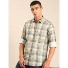 CAVALLO by Linen Club Men's Blended Linen Beige Checkered Contemporary Fit Full Sleeve Casual Shirt