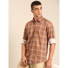CAVALLO by Linen Club Men's Blended Linen Brown Checkered Contemporary Fit Full Sleeve Casual Shirt