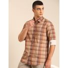 CAVALLO by Linen Club Men's Blended Linen Brown Checkered Contemporary Fit Full Sleeve Casual Shirt