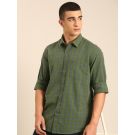 CAVALLO by Linen Club Men's Blended Linen Olive Green Checkered Contemporary Fit Full Sleeve Casual Shirt