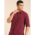 CAVALLO by Linen Club Men's Blended Linen Maroon Checkered Contemporary Fit Full Sleeve Casual Shirt