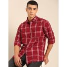 CAVALLO by Linen Club Men's Blended Linen Maroon Checkered Contemporary Fit Full Sleeve Casual Shirt