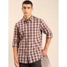 CAVALLO by Linen Club Men's Blended Linen Beige Checkered Contemporary Fit Full Sleeve Casual Shirt