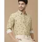 Men's Blended Linen Green Printed Contemporary Fit Full Sleeve Casual Shirt