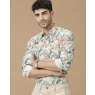 Men's Blended Linen Green Printed Contemporary Fit Full Sleeve Casual Shirt