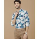Men's Blended Linen Blue Printed Contemporary Fit Full Sleeve Casual Shirt