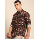 CAVALLO by Linen Club Men's Blended Linen Brown Printed Contemporary Fit Full Sleeve Casual Shirt