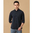 Men's Blended Linen Navy Solid Contemporary Fit Full Sleeve Casual Shirt
