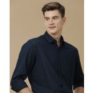Men's Blended Linen Navy Blue Solid Contemporary Fit Full Sleeve Casual Shirt