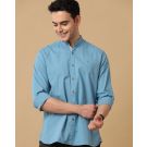 Men's Blended Linen Blue Solid Contemporary Fit Full Sleeve Casual Shirt