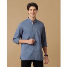 Men's Blended Linen Blue Solid Contemporary Fit Full Sleeve Casual Shirt