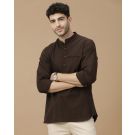 Men's Blended Linen Brown Solid Contemporary Fit Full Sleeve Casual Shirt