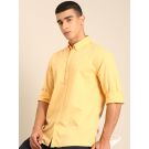 CAVALLO by Linen Club Men's Blended Linen Yellow Solid Contemporary Fit Full Sleeve Casual Shirt