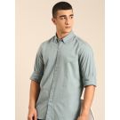 CAVALLO by Linen Club Men's Blended Linen Sage Green Solid Contemporary Fit Full Sleeve Casual Shirt
