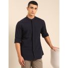 CAVALLO by Linen Club Men's Blended Linen Navy Solid Contemporary Fit Full Sleeve Casual Shirt