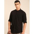 CAVALLO by Linen Club Men's Blended Linen Black Solid Contemporary Fit Full Sleeve Casual Shirt