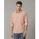 Men's Blended Linen Orange Printed Contemporary Fit Full Sleeve Casual Shirt