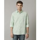 Men's Blended Linen Green Printed Contemporary Fit Full Sleeve Casual Shirt
