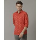 Men's Blended Linen Red Printed Contemporary Fit Full Sleeve Casual Shirt