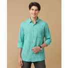 Men's Blended Linen Green Printed Contemporary Fit Full Sleeve Casual Shirt