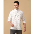 Men's Blended Linen White Printed Contemporary Fit Full Sleeve Casual Shirt