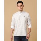 Men's Blended Linen White Printed Contemporary Fit Full Sleeve Casual Shirt
