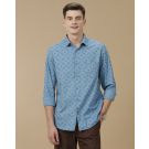 Men's Blended Linen Blue Printed Contemporary Fit Full Sleeve Casual Shirt