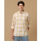 Men's Blended Linen Yellow Checked Contemporary Fit Full Sleeve Casual Shirt