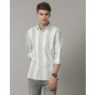 Men's Blended Linen Green Striped Contemporary Fit Full Sleeve Casual Shirt