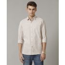 Men's Blended Linen Brown Striped Contemporary Fit Full Sleeve Casual Shirt