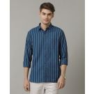 Men's Blended Linen Blue Striped Contemporary Fit Full Sleeve Casual Shirt