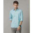 Men's Blended Linen Turquoise Blue Striped Contemporary Fit Full Sleeve Casual Shirt