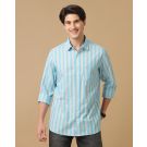 Men's Blended Linen Blue Striped Contemporary Fit Full Sleeve Casual Shirt