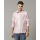 Men's Blended Linen Pink Striped Contemporary Fit Full Sleeve Sleeve Casual Shirt