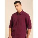 CAVALLO by Linen Club Men's Blended Linen Maroon Striped Contemporary Fit Full Sleeve Casual Shirt